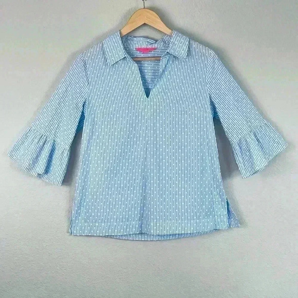 Lily Pulitzer Ginger Cotton Stretch Top flounce sleeve blue white Women's small - Picture 3 of 13